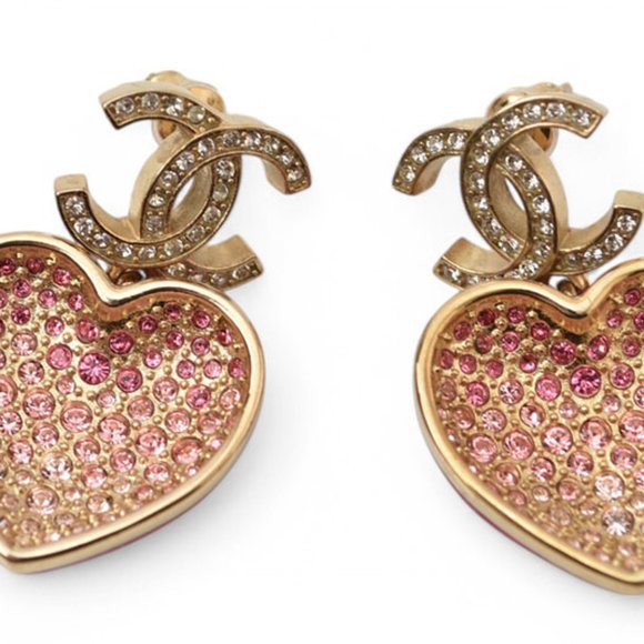 Chanel Earrings CHANEL CC/Coco/Heart Motif Gold/Rose C23 - Picture 1 of 7